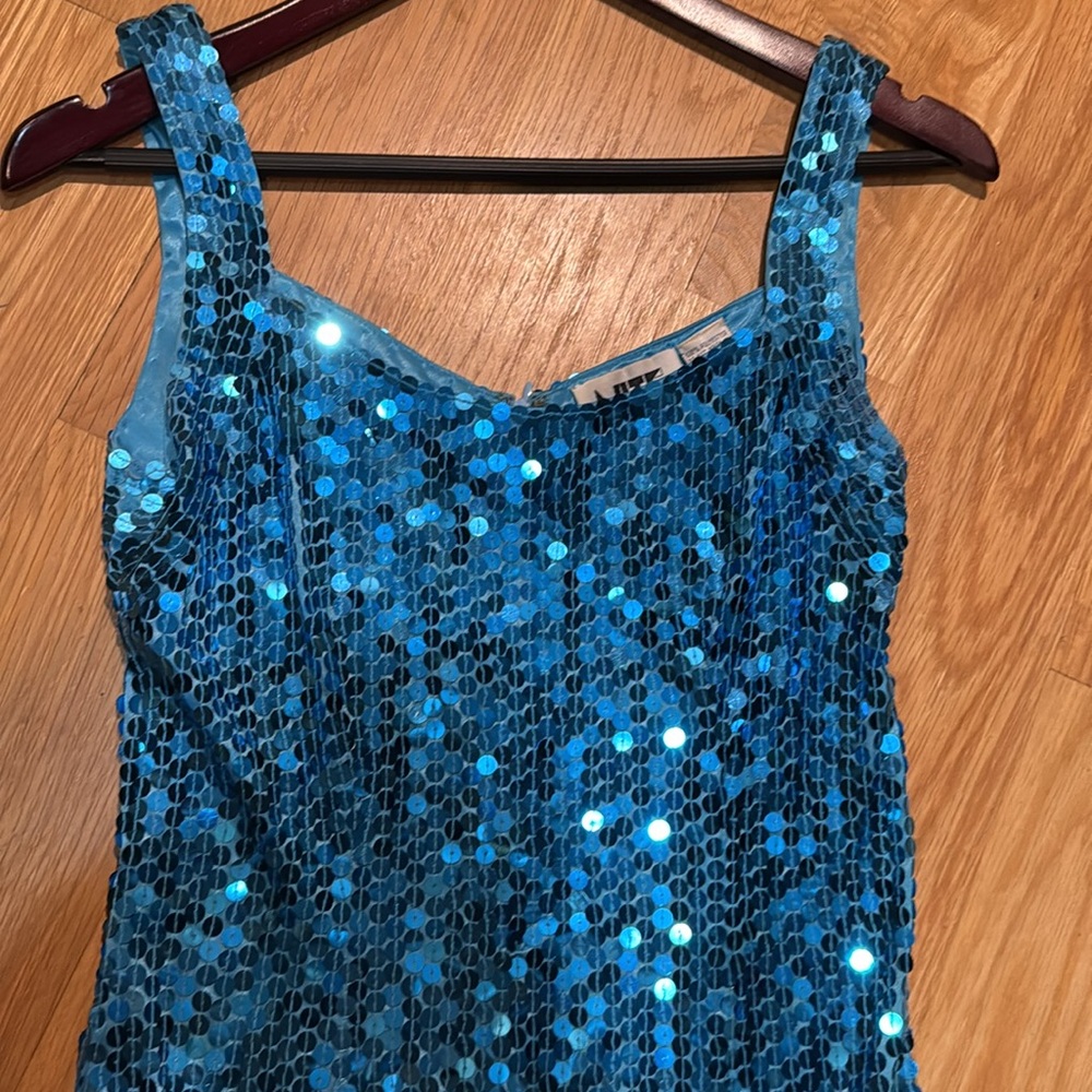 Vintage 90s Turquoise Sequin Sleeveless tank Dress, vintage size 8 / modern 4 - Picture 5 of 6